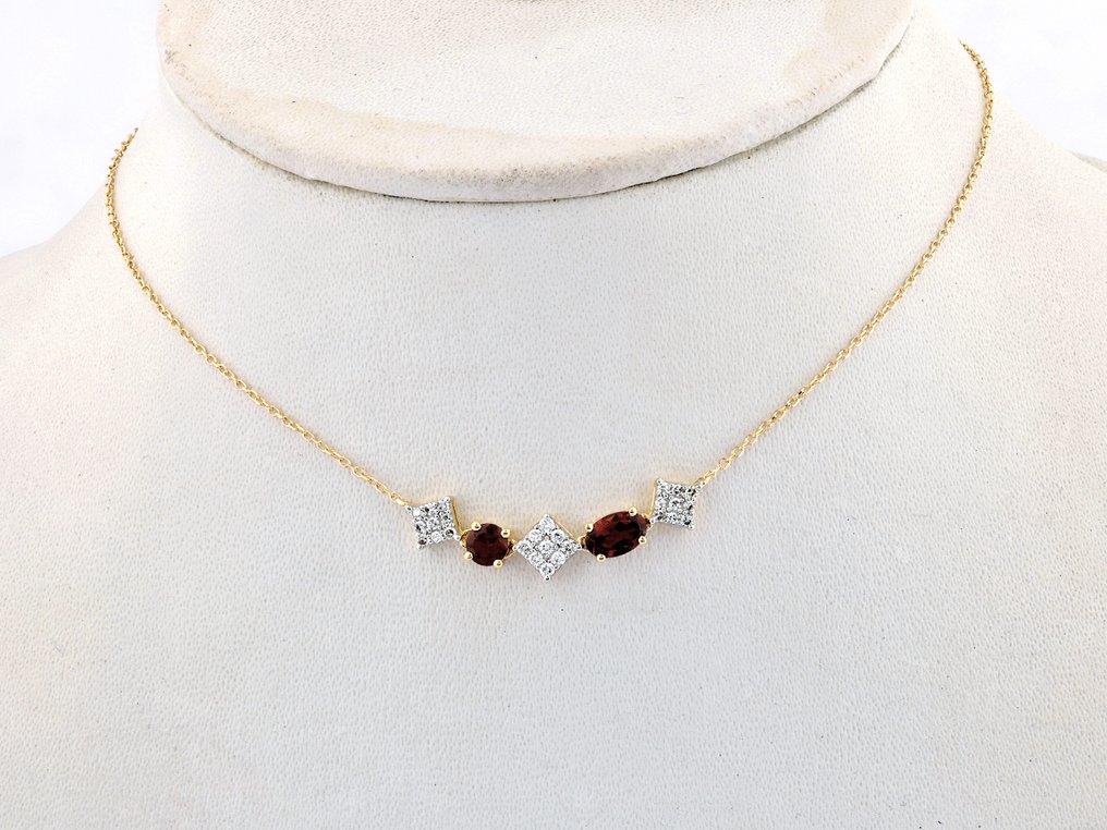 吊坠项链 - 14K包金 黄金 -  1.16ct. tw. 石榴石 - 钻石 #1.0