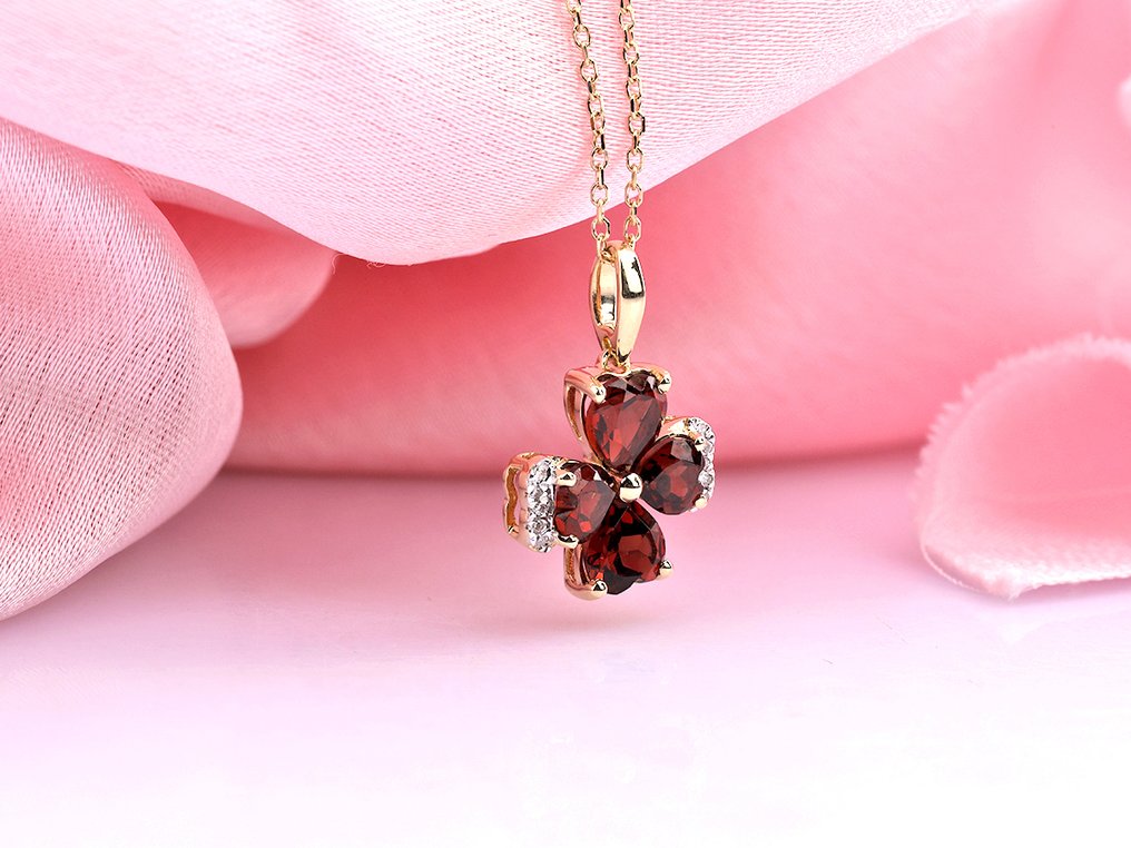 吊墜頸鏈 - 14 克拉 黃金 -  1.82ct. tw. 石榴石 - 鉆石 #4.3