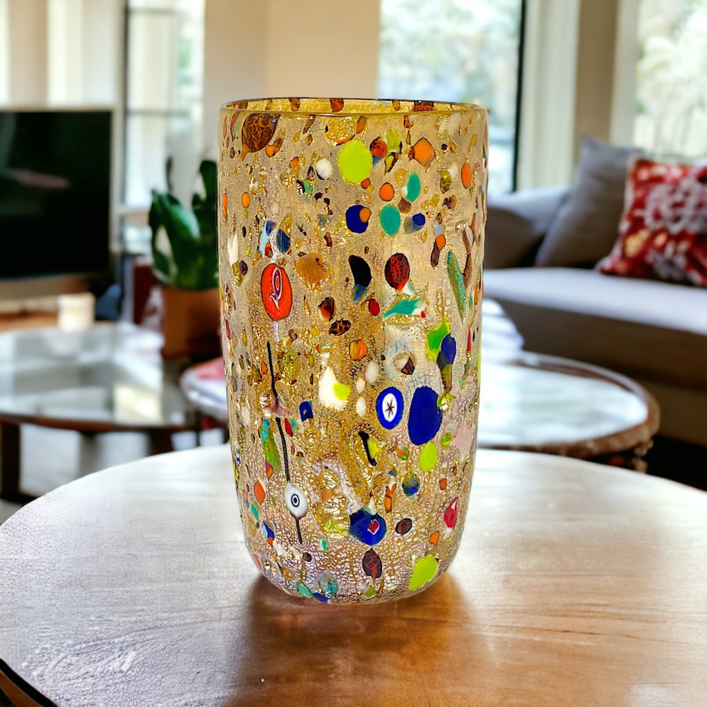 Filippo Maso - 花瓶 -  琥珀瓶，带银叶、管子、斑点和穆里尼玻璃片 - 穆拉諾玻璃 #2.1