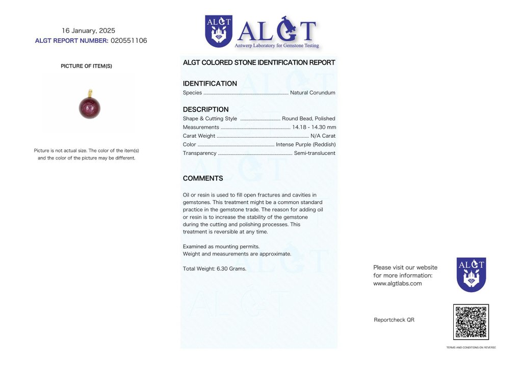 Fără rezervă - Certificat ALGT - Pandantiv din rubin natural - Inclusiv lanț de argint- 6.3 g #2.1