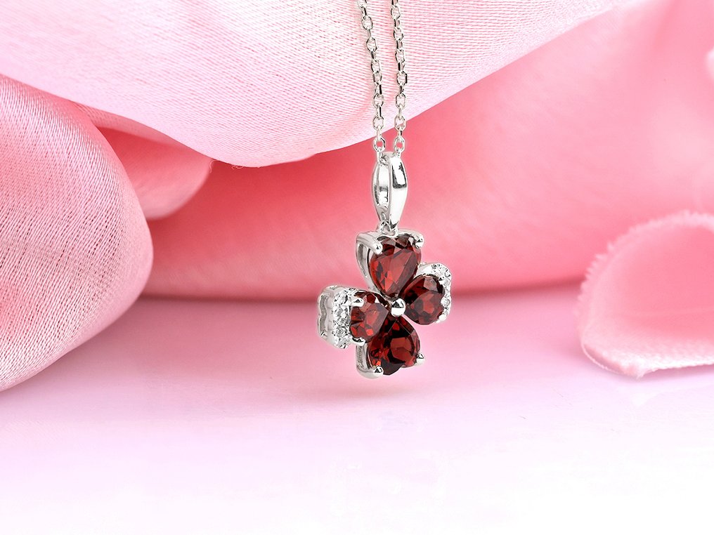 吊坠项链 - 14K包金 白金 -  1.82ct. tw. 石榴石 - 钻石 #4.3