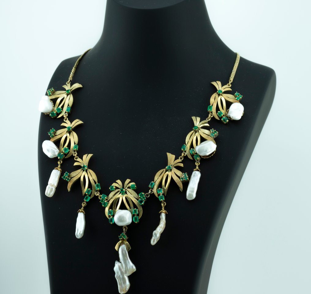 Collier - 18 carats Or jaune Émeraude - Perle #1.0