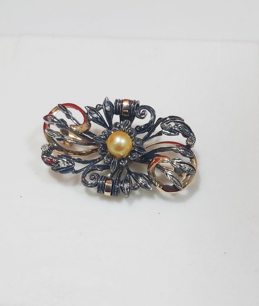 沒有保留價 - 胸針 - 19.2克拉 玫瑰金, 銀 珍珠 - 鉆石 #2.1