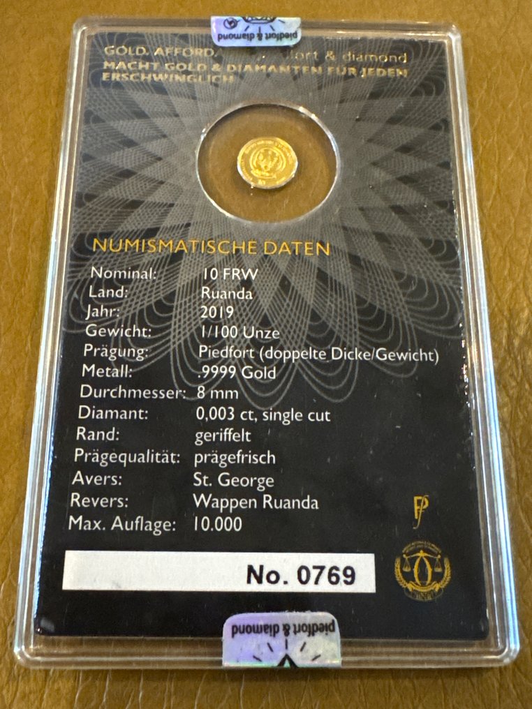 Rwanda. 10 Frw 2019 St. George mit Diamant 1/100 Oz (.999) (No reserve price) #2.1