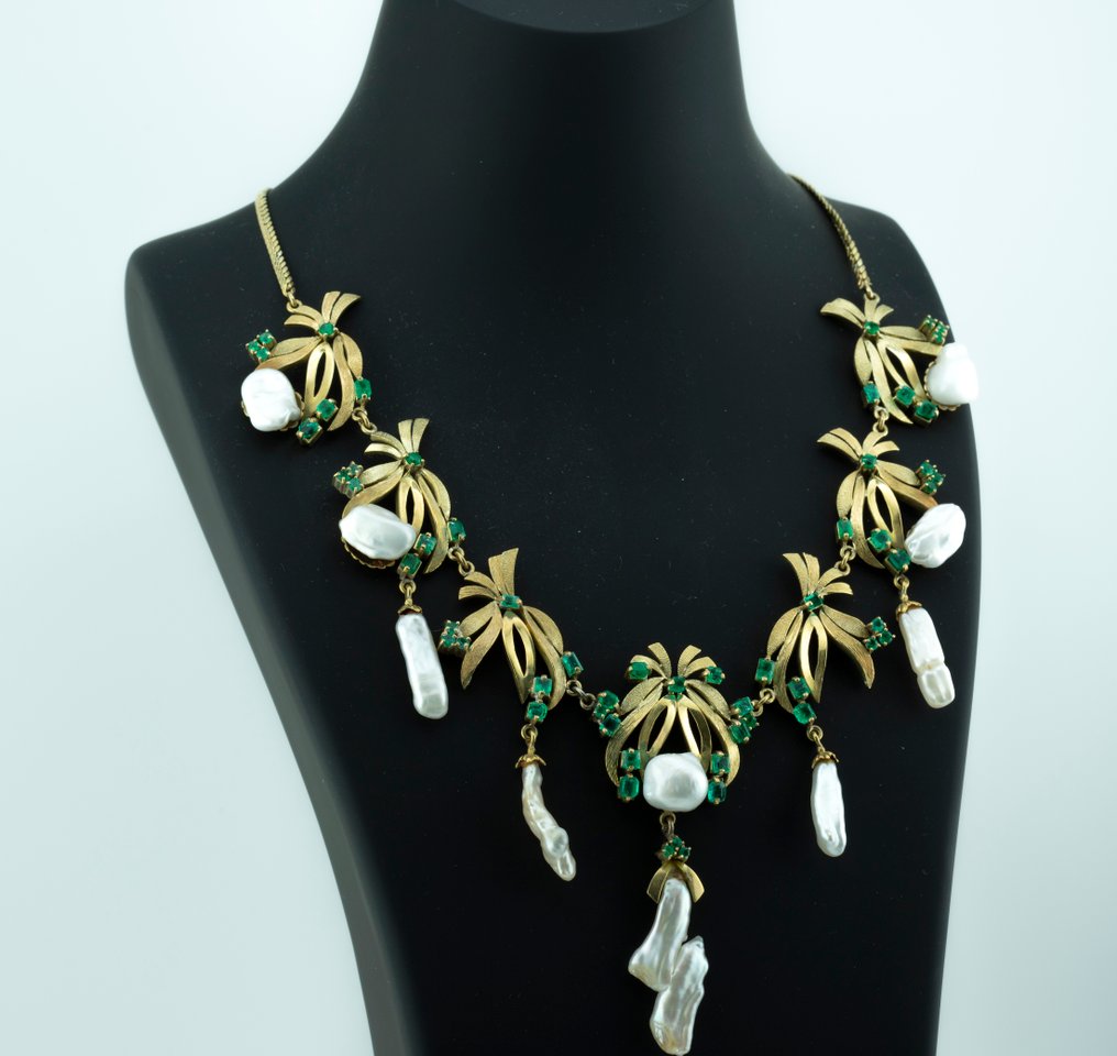Collier - 18 carats Or jaune Émeraude - Perle #2.1