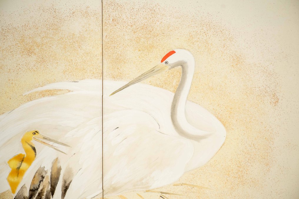 日本折叠屏风 - 纸, 木, 一幅精美的两扇折叠屏风，描绘满洲鹤与小狗的图案。 - Signed Hirano Nagahiko (1904-75) - 日本 - 昭和时期（1930-1950年） #2.1