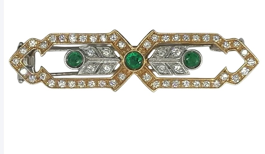 Brooch - 14 kt. Yellow gold - 1.14ct. tw. Emerald - Diamond #1.0