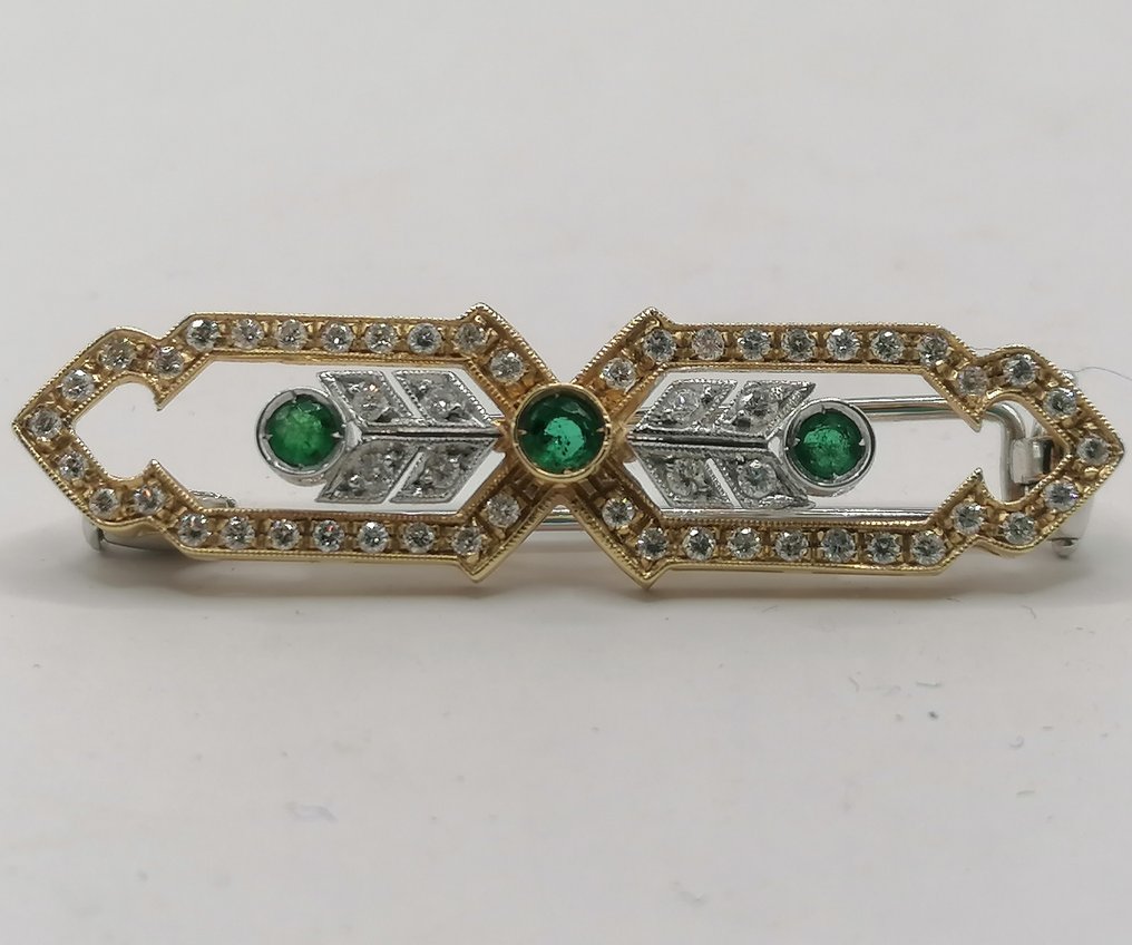 Brooch - 14 kt. Yellow gold - 1.14ct. tw. Emerald - Diamond #1.0