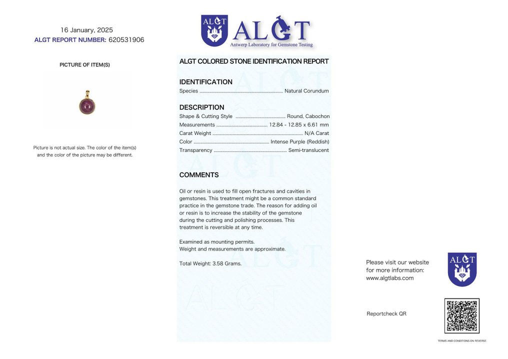 Fără rezervă - Certificat ALGT - Pandantiv din rubin natural - Inclusiv lanț de argint- 3.58 g #2.1