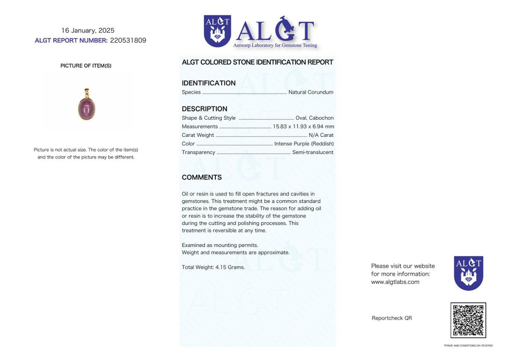 Fără rezervă - Certificat ALGT - Pandantiv din rubin natural - Inclusiv lanț de argint- 4.15 g #2.1