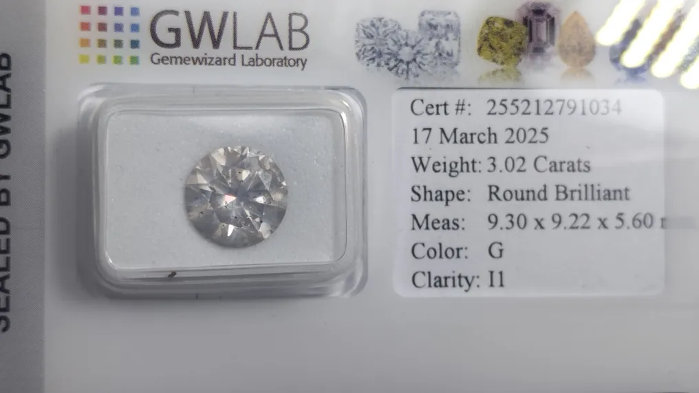 1 pcs 钻石 (天然) - 3.02 ct - 圆形 - G - I1 内含一级 - Gemewizard宝石实验室(GWLab) #1.0
