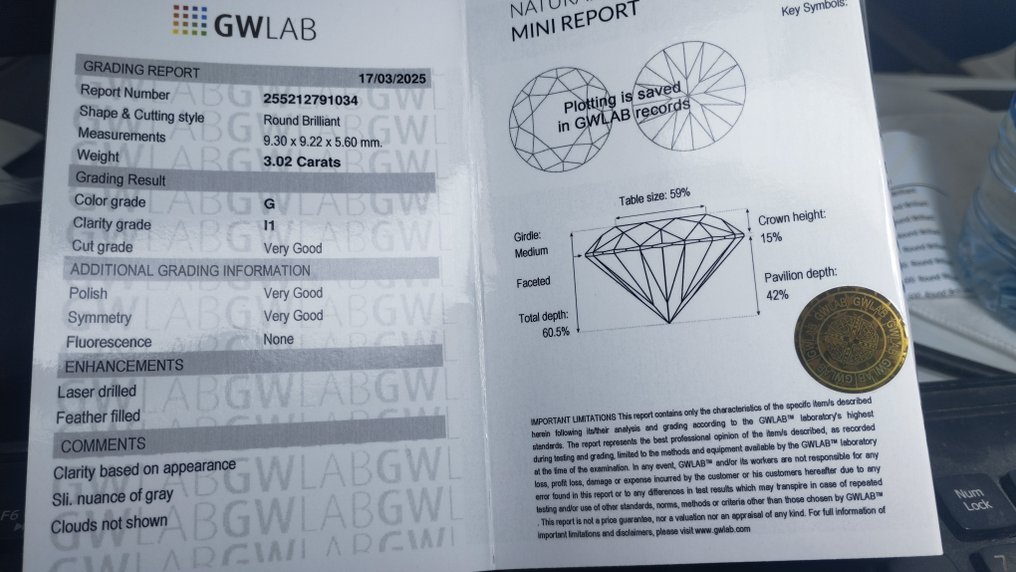 1 pcs 鑽石 (天然) - 3.02 ct - 圓形 - G - I1 - Gemewizard Gemological Laboratory (GWLab) #3.2
