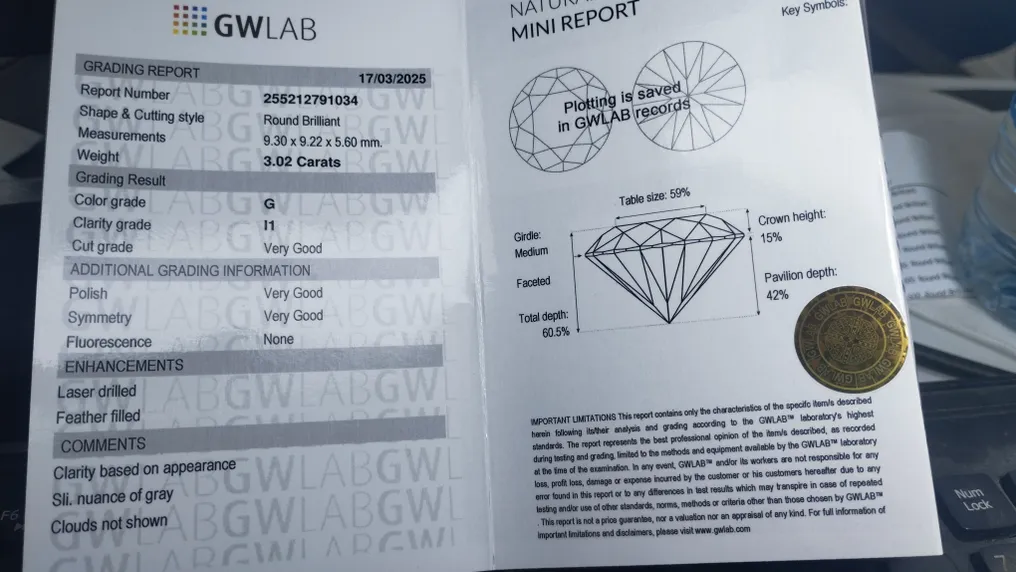 1 pcs 钻石 (天然) - 3.02 ct - 圆形 - G - I1 内含一级 - Gemewizard宝石实验室(GWLab) #4.3