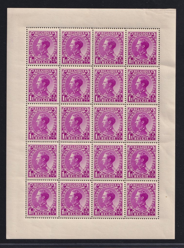 Belgium 1934 - Leopold III, issuance 'Invaliden' 75c and 1F, the two small sheets of 20. - OBP/COB F390,392 #2.1