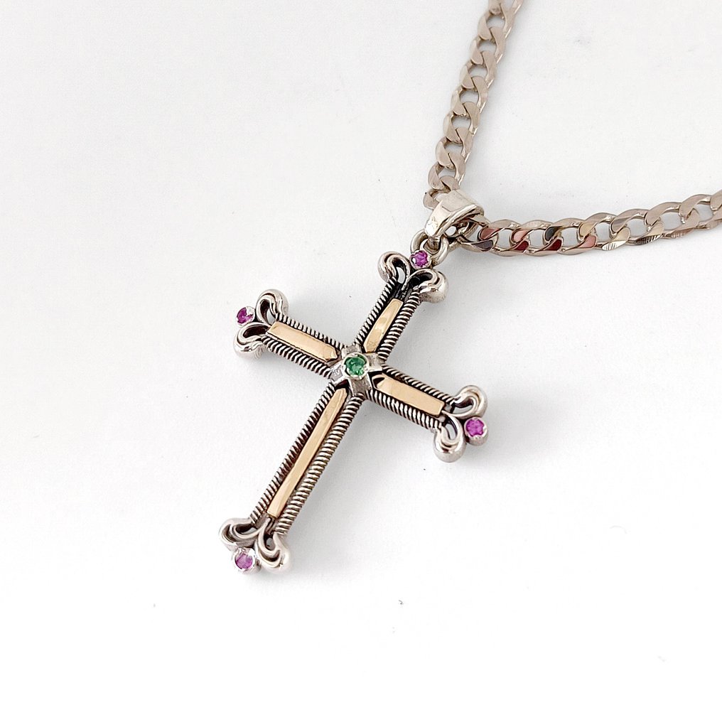 沒有保留價 - 頸鏈 - 18 克拉 銀, 黃金 -  0.06ct. tw. 祖母綠 - 紅寶石 - 意大利制造 #1.0