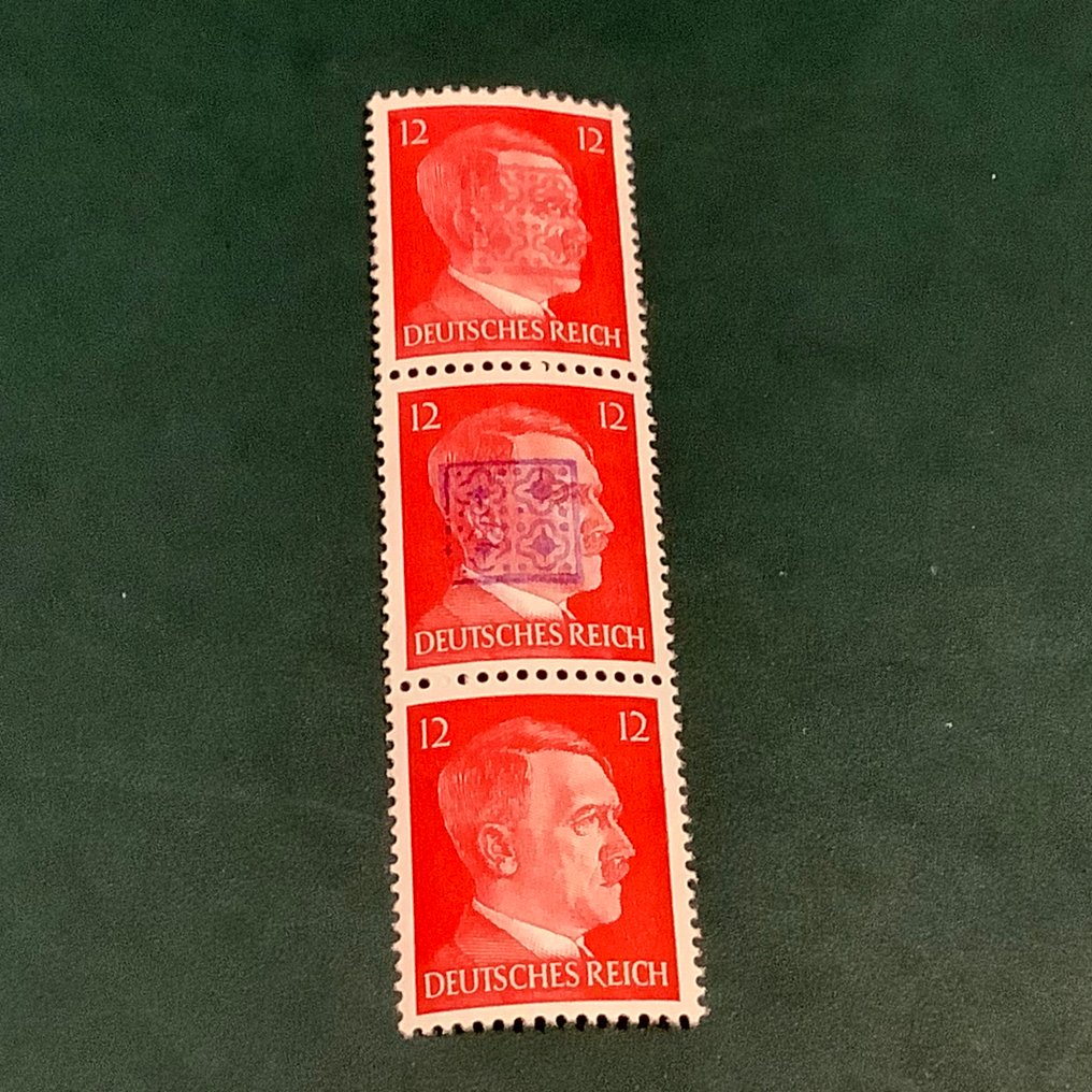 Γερμανία - Τοπικά ταχυδρομεία 1945 - Wurzen: 12 Pf σε λωρίδα των 3 με κόκκινο, μπλε και χωρίς υπέρθεση - άψογη υπογραφή Zierer. - Michel 8 #3.2