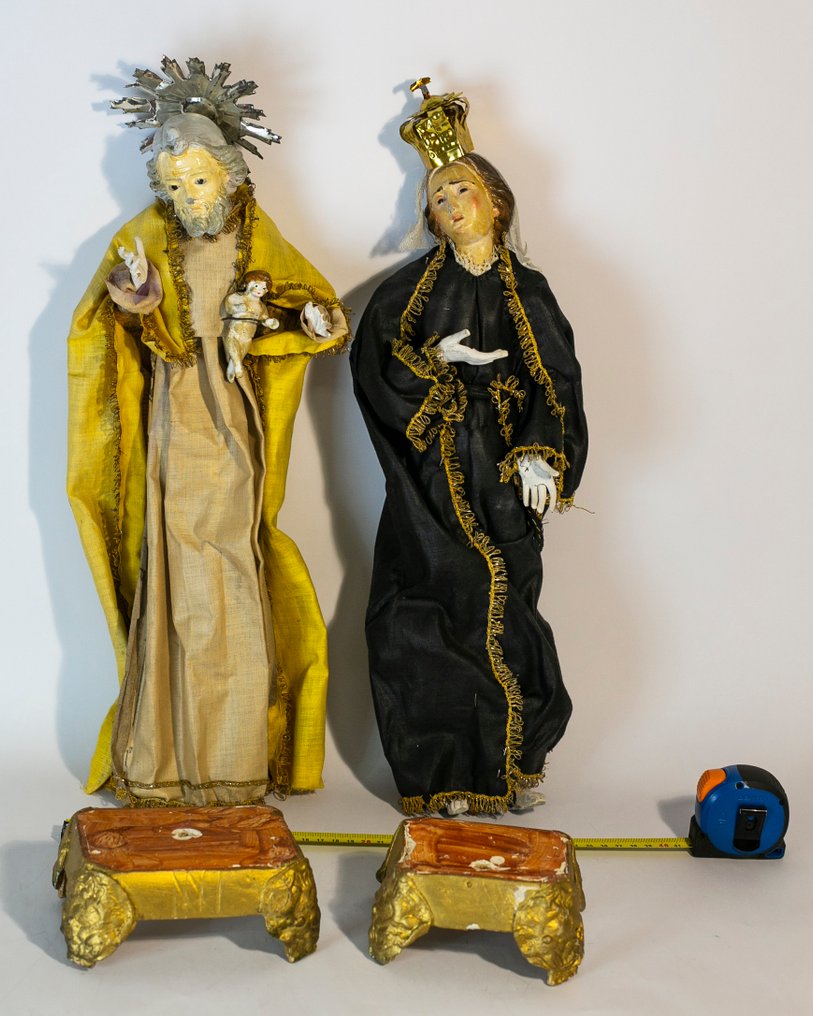 Γλυπτό, Madonna Addolorata - San Giuseppe con il Bambino - 50 cm - Ξύλο, Πηλός, Textile, Γυαλί #1.0