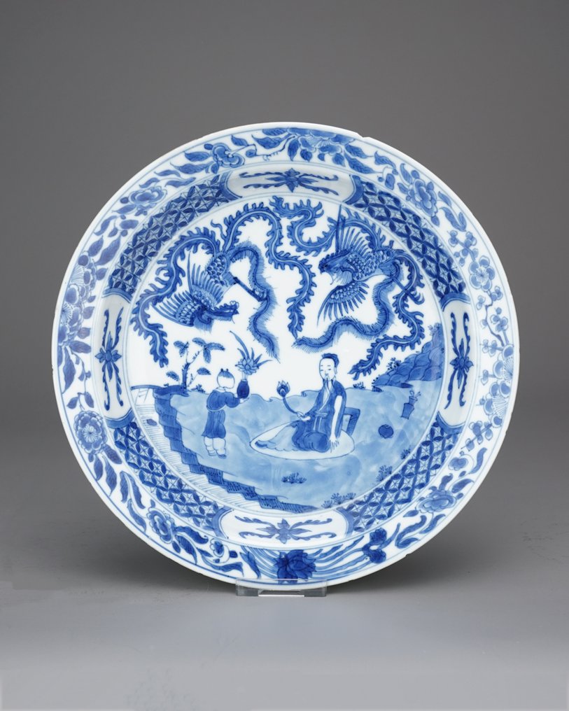tányér - Porcelán - Feng huang 凤凰 and Immortal - Kína - Kangxi (1662-1722) #1.0