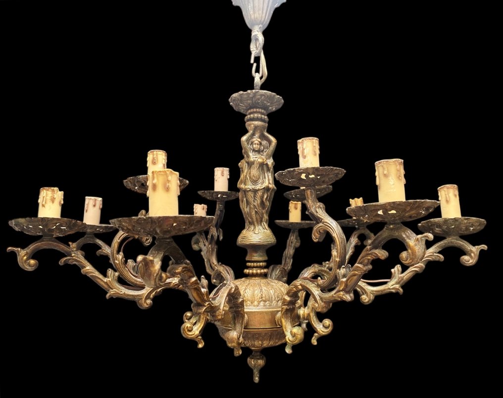枝形吊灯 - 古董实心青铜12灯，配有女性雕像 #1.0