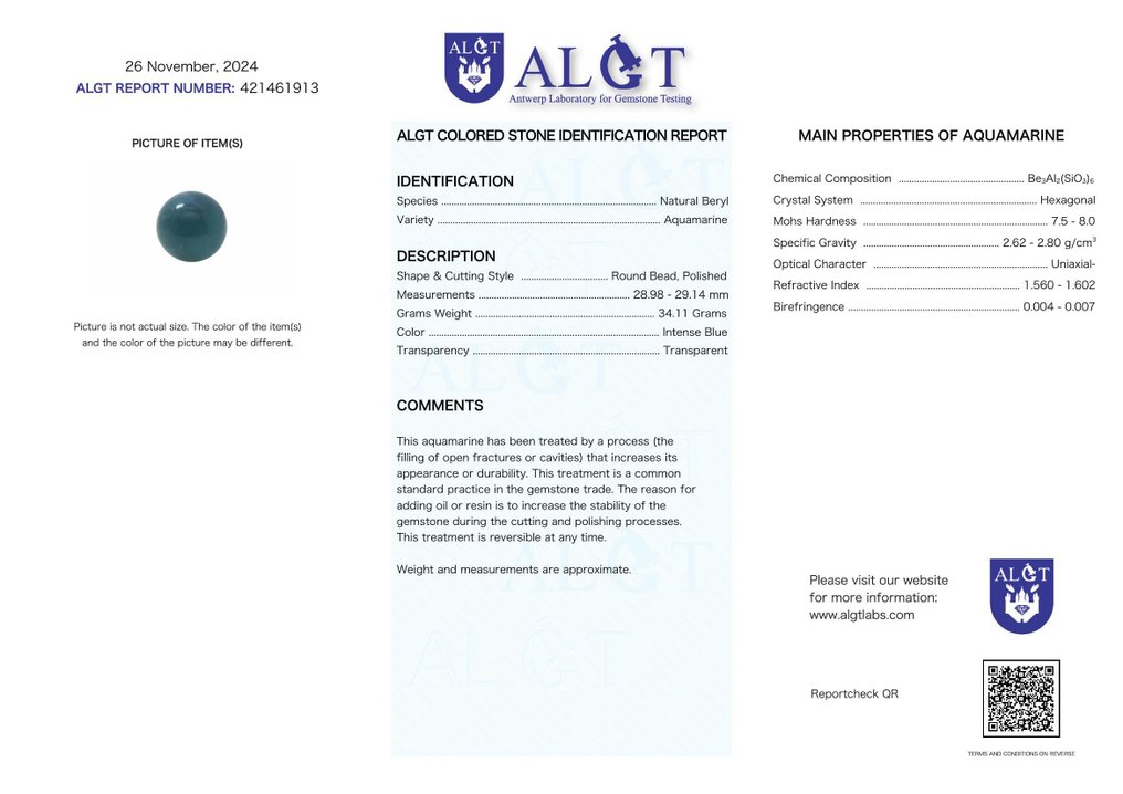 No Reserve - Certyfikat ALGT - Ekskluzywna naturalna kula akwamarynu - Klejnot cudów geologicznych- 34.11 g #2.1