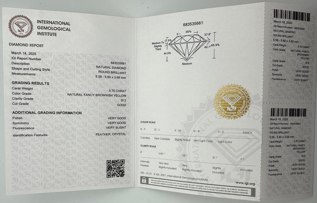 1 pcs 钻石  (天然色彩的)  - 0.70 ct - 圆形 - Fancy 稍帶棕色的 黄色 - SI2 微内含二级 - 国际宝石研究院（IGI） #4.3