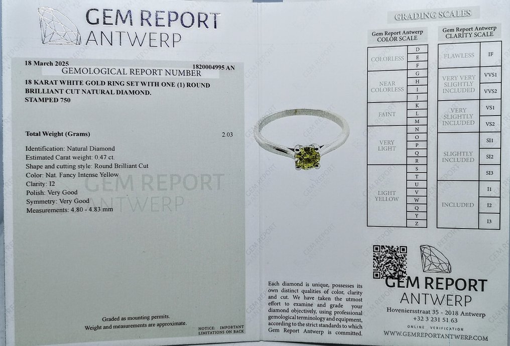 沒有保留價 - 戒指 - 18 克拉 白金 黃色 鉆石 (天然彩色) - 强烈的黄色 #4.3