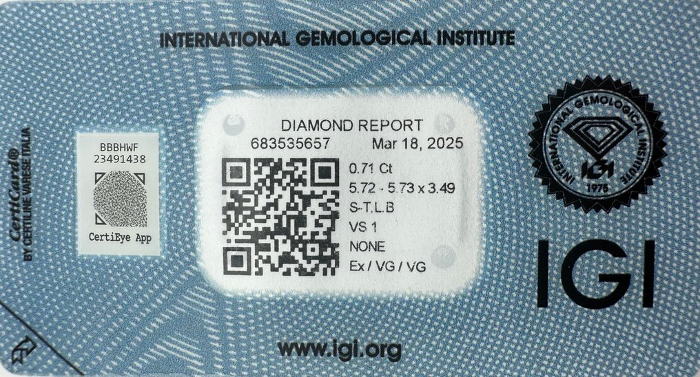 1 pcs 钻石  (天然)  - 0.71 ct - 圆形 - VS1 轻微内含一级 - 国际宝石研究院（IGI） - EX/VG/VG，S - T #4.3