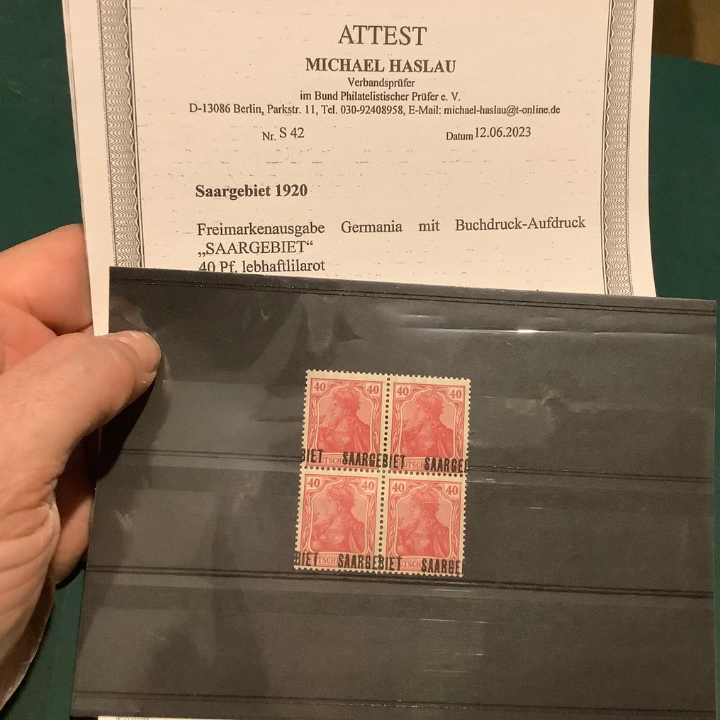 Έδαφος της λεκάνης Σάαρ 1920 - 40Pf Γερμανία με μετατοπισμένο τύπωμα BIET -SAARGE - φωτοπιστοποιητικό Haslau (47/48 και 57/58) - Michel 48 #1.0