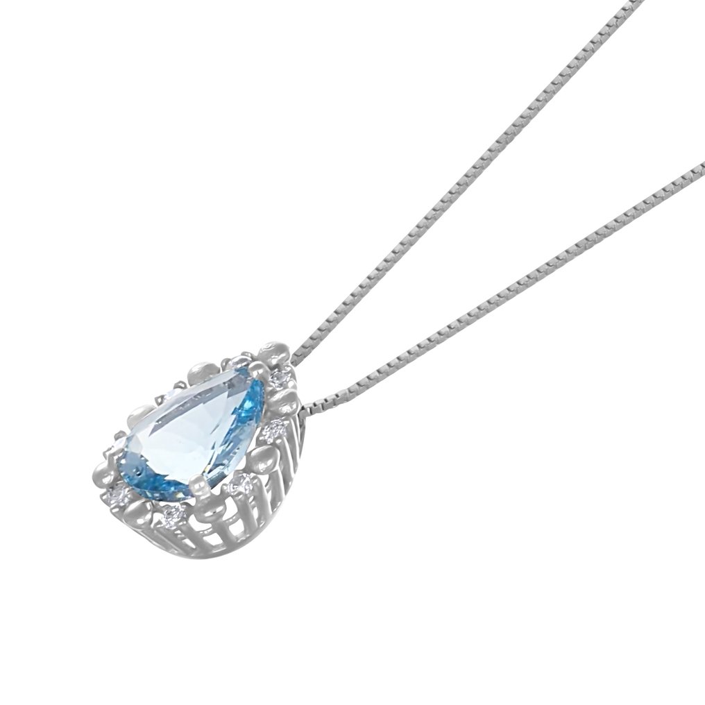 Κολιέ με μενταγιόν - 18 καράτια Λευκός χρυσός -  0.97ct. tw. Ακουαμαρίνης - Διαμάντι #2.1