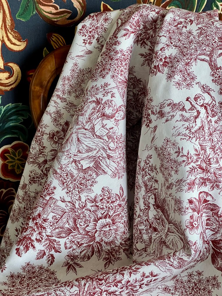 Double width red toile de jouy fabric for decoration and upholstery. - Textile  - 500 cm - 280 cm #1.0