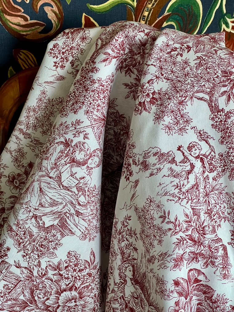 Double width red toile de jouy fabric for decoration and upholstery. - Textile  - 500 cm - 280 cm #1.0