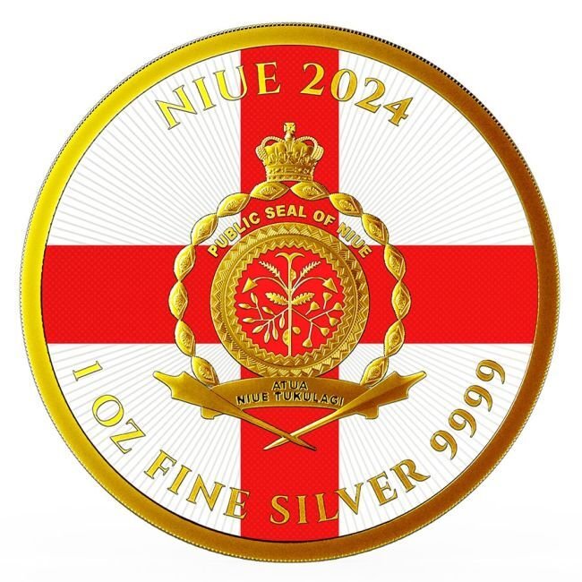 1 Troy Ounce - Argento .999 - 2024 1 oz Niue English Lion English Flag 24k Gold Gilded Colorized Silver Coin - Con certificato  (Senza prezzo di riserva) #1.0