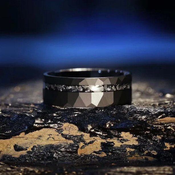 Tungsten ring with meteorite inlays. The energy of the Universe in your hands.- 7 g #2.1