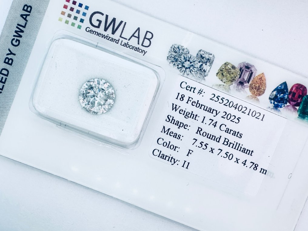 1 pcs Diamant (Natural) - 1.74 ct - Rund - F - I1 - Gemewizard Gemological Laboratory (GWLab) - ( NATURAL - VG/VG/VG ) #1.0