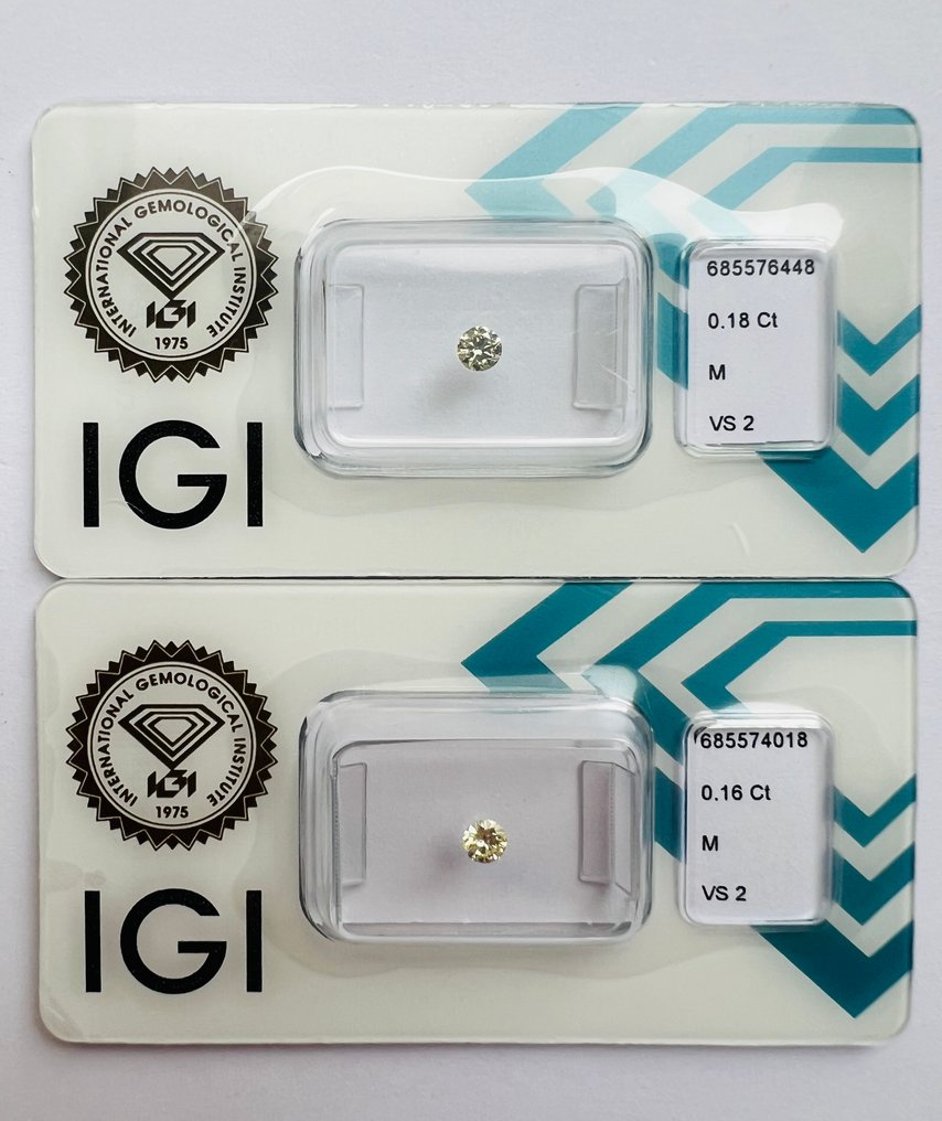 没有保留价 - 2 pcs 钻石  (天然)  - 0.34 ct - 圆形 - M - VS2 轻微内含二级 - 国际宝石研究院（IGI） - 匹配的对 #1.0