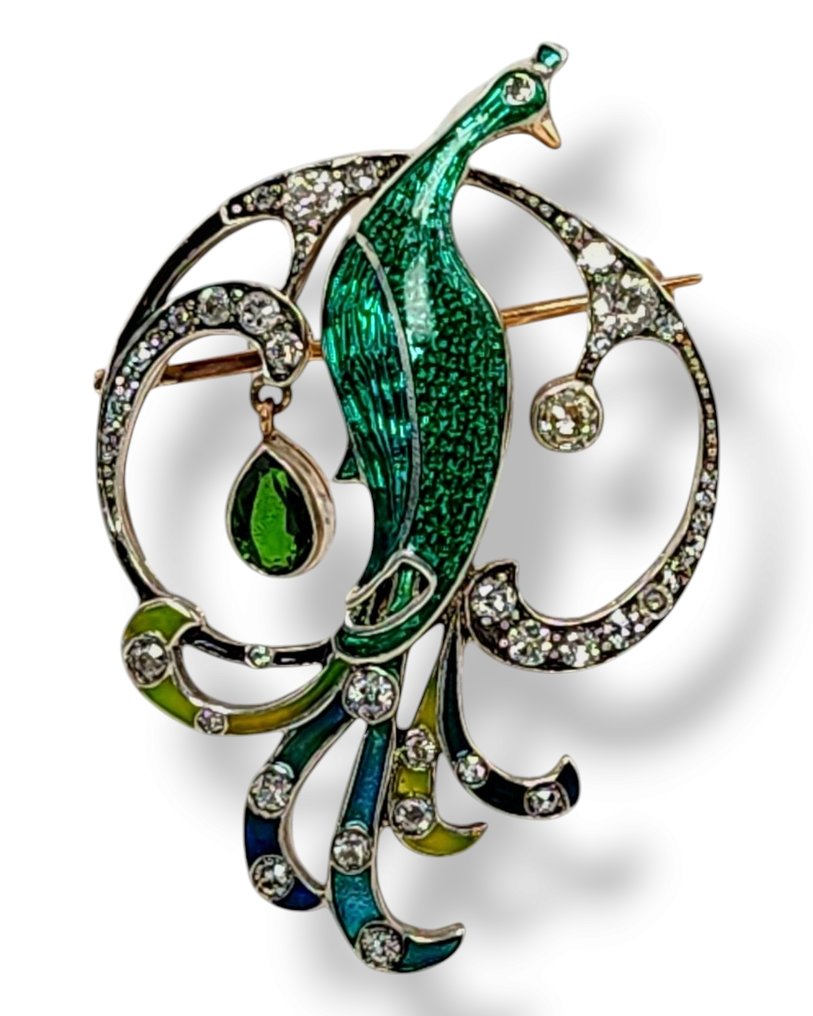 Rintaneula - 14 kt. Keltakulta, Keisarillinen venäläinen aikakausi, kulta, emali ja timanttipeacock-rintaneula ennen vuotta 1917 - 2.20ct. tw. Timantti (Luonnollinen) #1.0