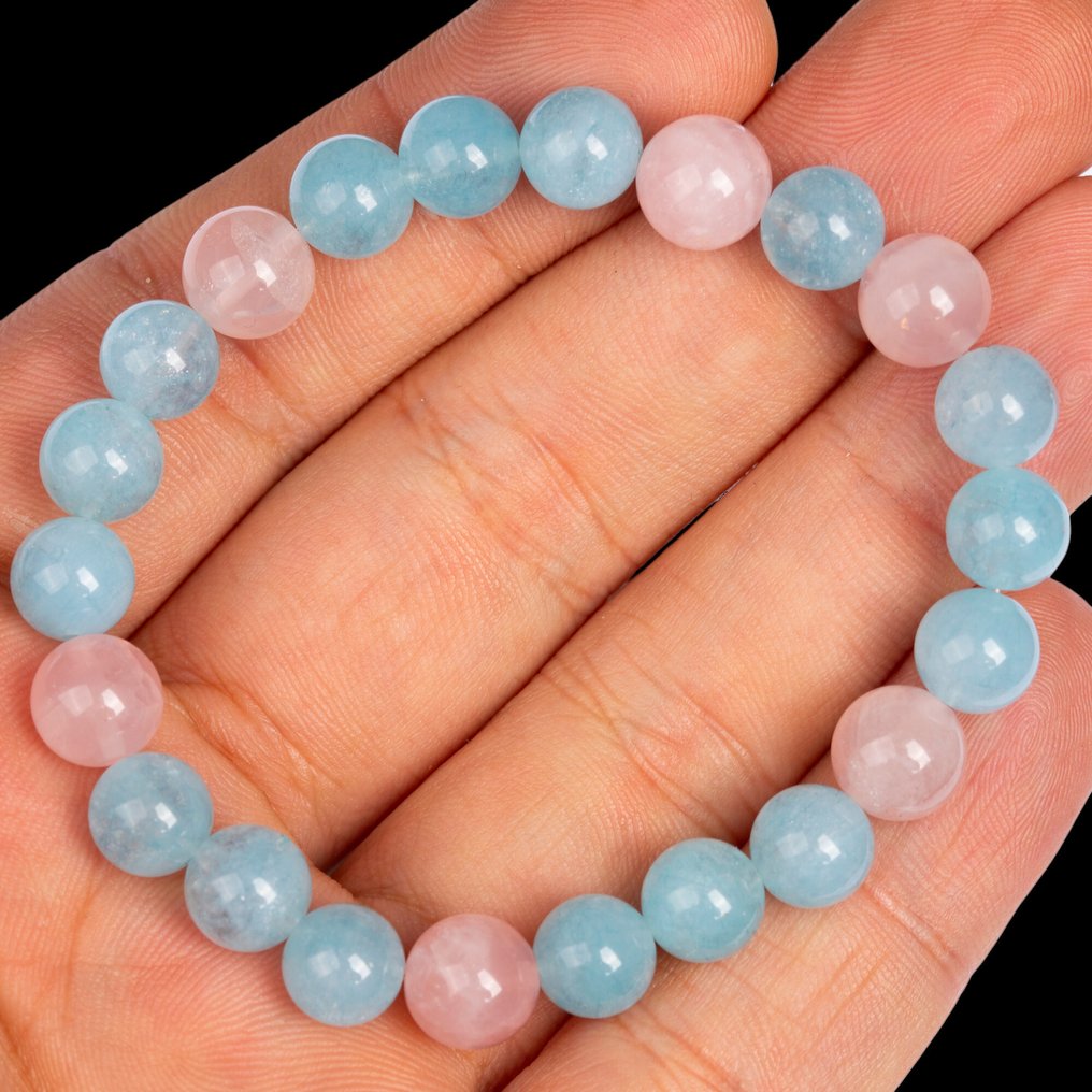 Βραχιόλι σε Ακουαμαρίνα και Ροζ Χαλαζία – Σφαίρες 9 mm - Ύψος: 198 mm - Πλάτος: 9 mm- 20 g #1.0