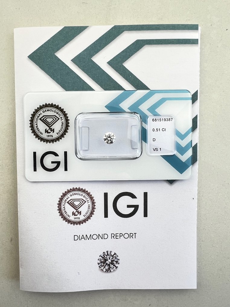 1 pcs Gyémánt  (Természetes)  - 0.51 ct - Kerek - D (színtelen) - VS1 - Nemzetközi Gemmológiai Intézet (IGI) #1.0