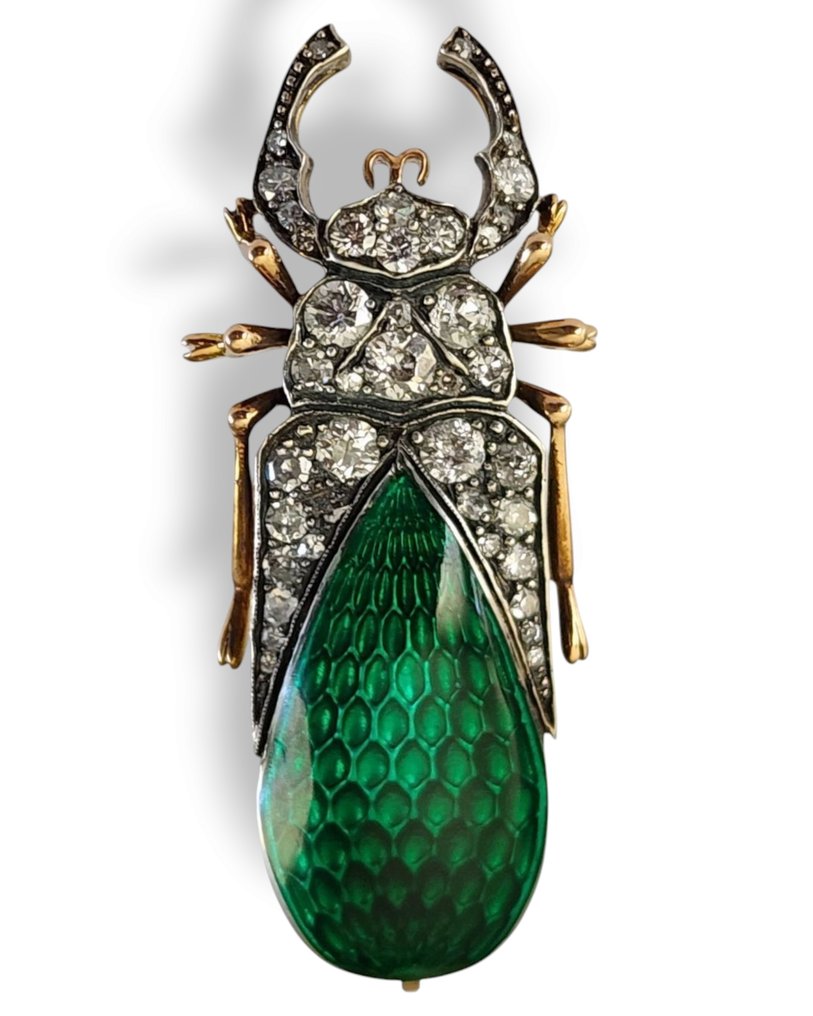 Καρφίτσα - 14 καράτια Κίτρινο χρυσό, Αντίκα ρωσικό 56K χρυσό, πράσινο σμάλτο και διαμάντι, αντίκα καρφίτσα 3ης Μόσχας Artel. Διαμάντι (Φυσικό) #1.0