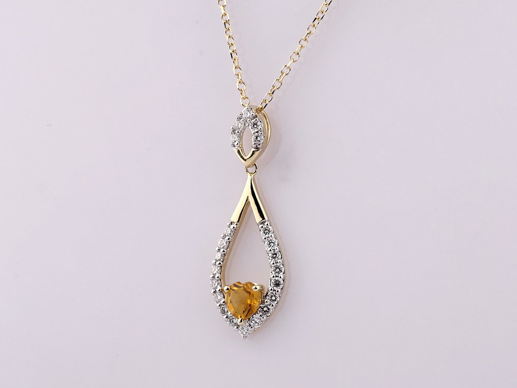 吊坠项链 - 14K包金 黄金 -  0.45ct. tw. 黄水晶 - 钻石 #1.0