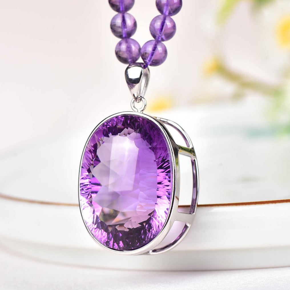 No Reserve - ALGT Certified - Natural Amethyst Necklace with Large Amethyst Pendant - Elegant and Exclusive- 63.11 g #4.3