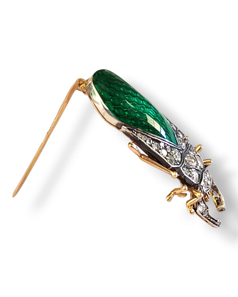 Καρφίτσα - 14 καράτια Κίτρινο χρυσό, Αντίκα ρωσικό 56K χρυσό, πράσινο σμάλτο και διαμάντι, αντίκα καρφίτσα 3ης Μόσχας Artel. Διαμάντι (Φυσικό) #3.2