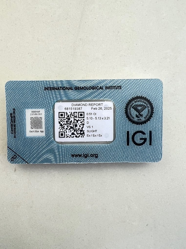 1 pcs Gyémánt  (Természetes)  - 0.51 ct - Kerek - D (színtelen) - VS1 - Nemzetközi Gemmológiai Intézet (IGI) #2.1