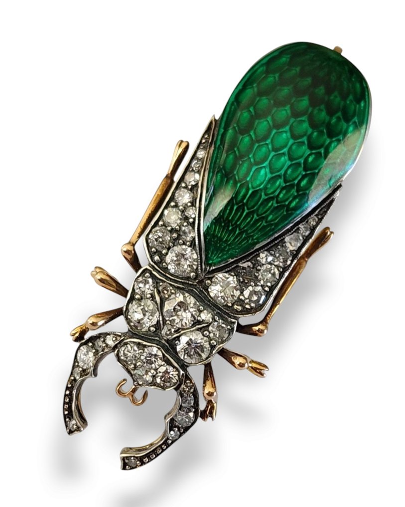 Καρφίτσα - 14 καράτια Κίτρινο χρυσό, Αντίκα ρωσικό 56K χρυσό, πράσινο σμάλτο και διαμάντι, αντίκα καρφίτσα 3ης Μόσχας Artel. Διαμάντι (Φυσικό) #1.0