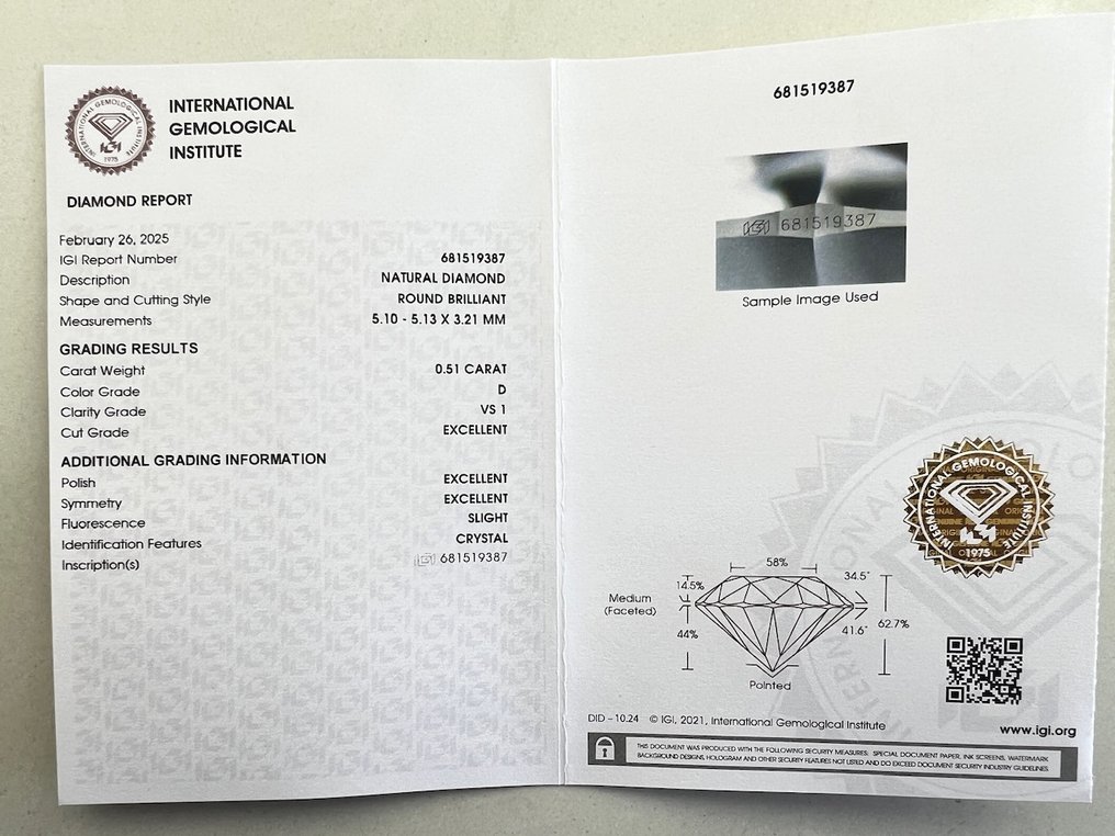 1 pcs Gyémánt  (Természetes)  - 0.51 ct - Kerek - D (színtelen) - VS1 - Nemzetközi Gemmológiai Intézet (IGI) #3.2