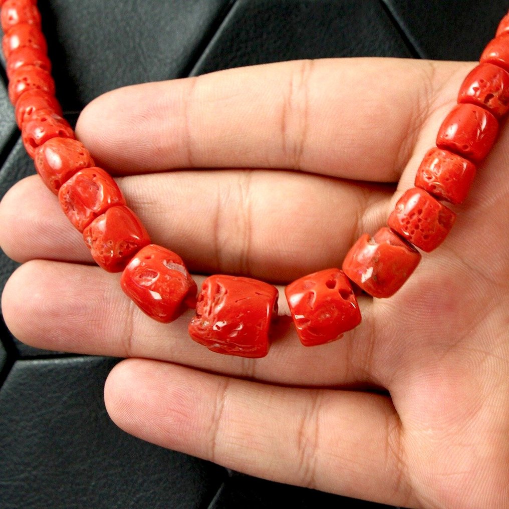 Αυθεντικό κόκκινο κοράλλι «Corallium rubrum» Κόκκινο μεσογειακό κοράλλι κολιέ – Σαρδηνία - Ύψος: 690 mm - Πλάτος: 15 mm- 86 g #1.0