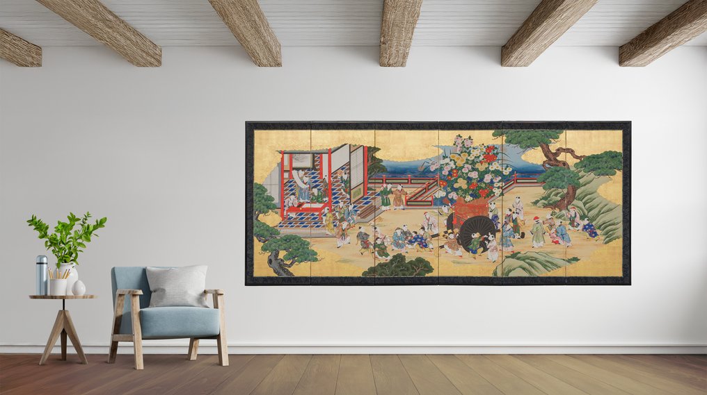 Byôbu 屏风 (折叠屏风) - 丝绸、金箔、漆木、纸 - 日本 - 明治早期(19世纪下半叶) #1.0