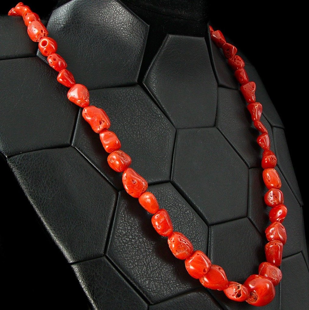 Κολιέ με μεσογειακό κόκκινο κοράλλι. Πολυτελές Κοσμήμα - Corallium Rubrum - Sardinia Coral - - Ύψος: 670 mm - Πλάτος: 16 mm- 70 g #3.2