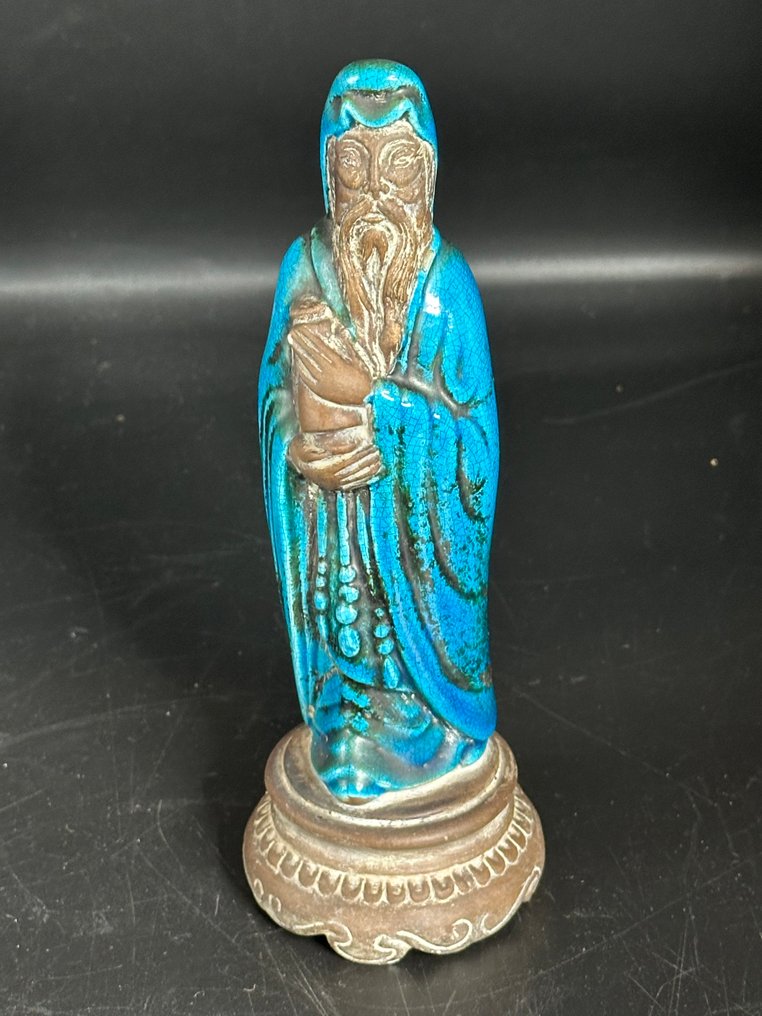 中国小雕像，代表一对中国官员 - 陶瓷, 搪瓷陶瓷 蓝色釉面 - 中国 - 20世纪 #3.2