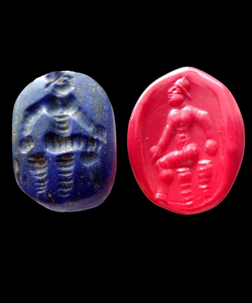 Sassanide - Nagy pecsétviasz Lapis Lazuliból - sisakos király - Kr. e. 3. / 6. század #1.0